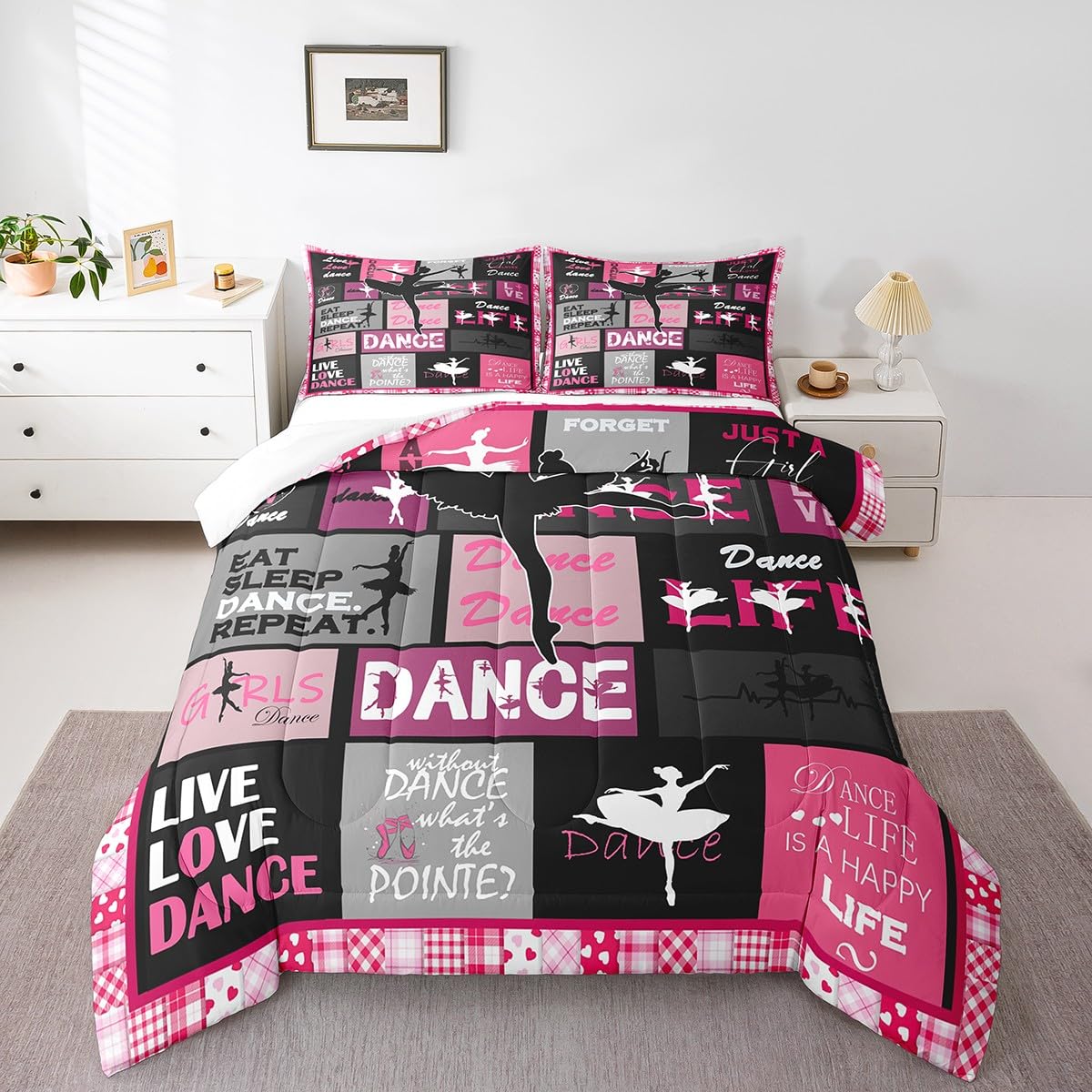 Manfei Dance Comforter Set Queen Size, Ballet Dance Theme Quilt Set with 2 Pillowcases, Ballet Princess Dancer Bedding Set 3pcs for Kids Girls Bedroom Decor, Abstract Art Duvet Insert