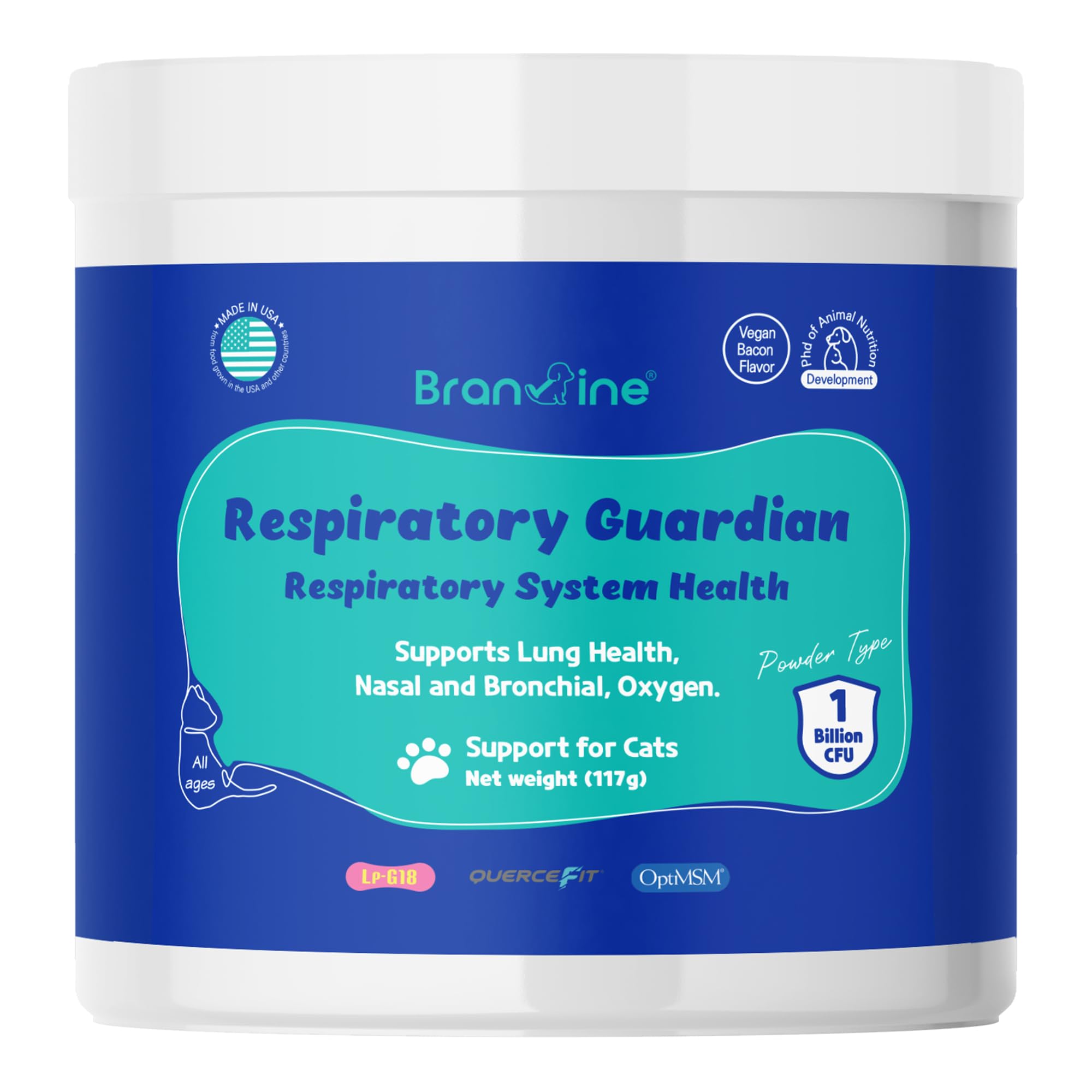 Branvine Respiratory Guardian for Cats - Supports Lung Health, Nasal, Bronchial and Oxygen, Vegan Bacon Flavor (117g) with Quercefit® and Respiratory Probiotics