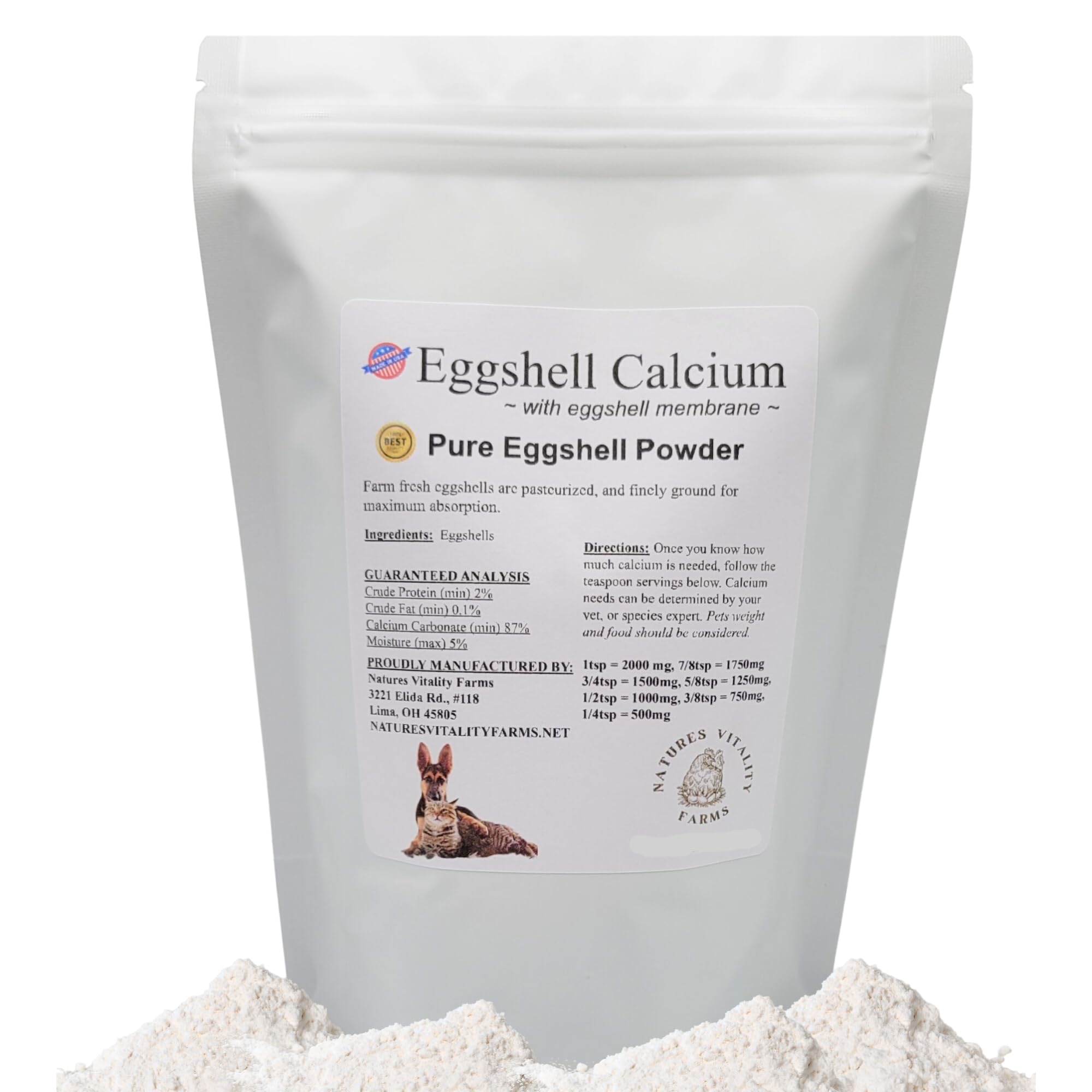 8 oz Pure U.S.A. Eggshell Powder for Dogs/Cats, Calcium Supplement with Membrane, Finely Ground Egg Shells