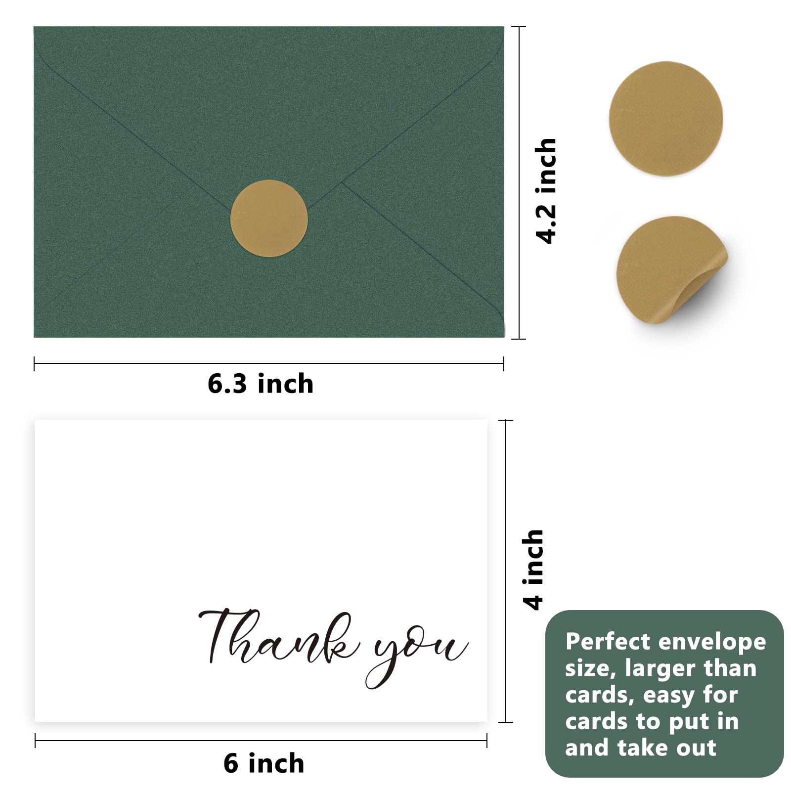 AZAZA 50 PK Thank You Cards with Envelopes Chic Liners, Minimalistic Thank You Notes 4x6 Inch, Green Thank You Cards with Envelopes for Wedding, Baby Shower, Graduation