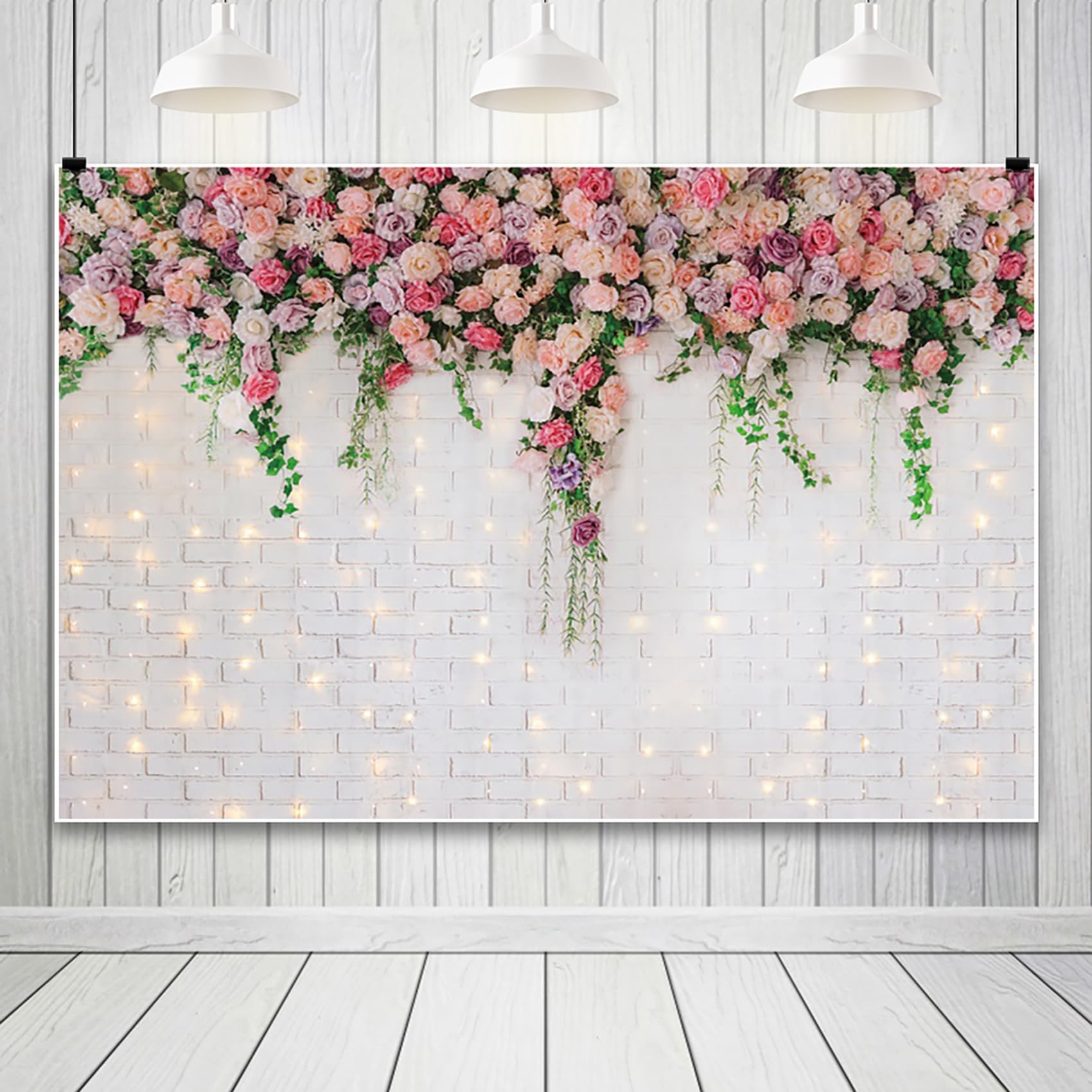 Renaiss 10x8ft Pink Flowers Brick Wall Backdrop Glitter White Brick Wall Rose Floral Wedding Photography Background for Mother's Day Bridal Baby Shower Anniversary Party Decor Photo Booth Props