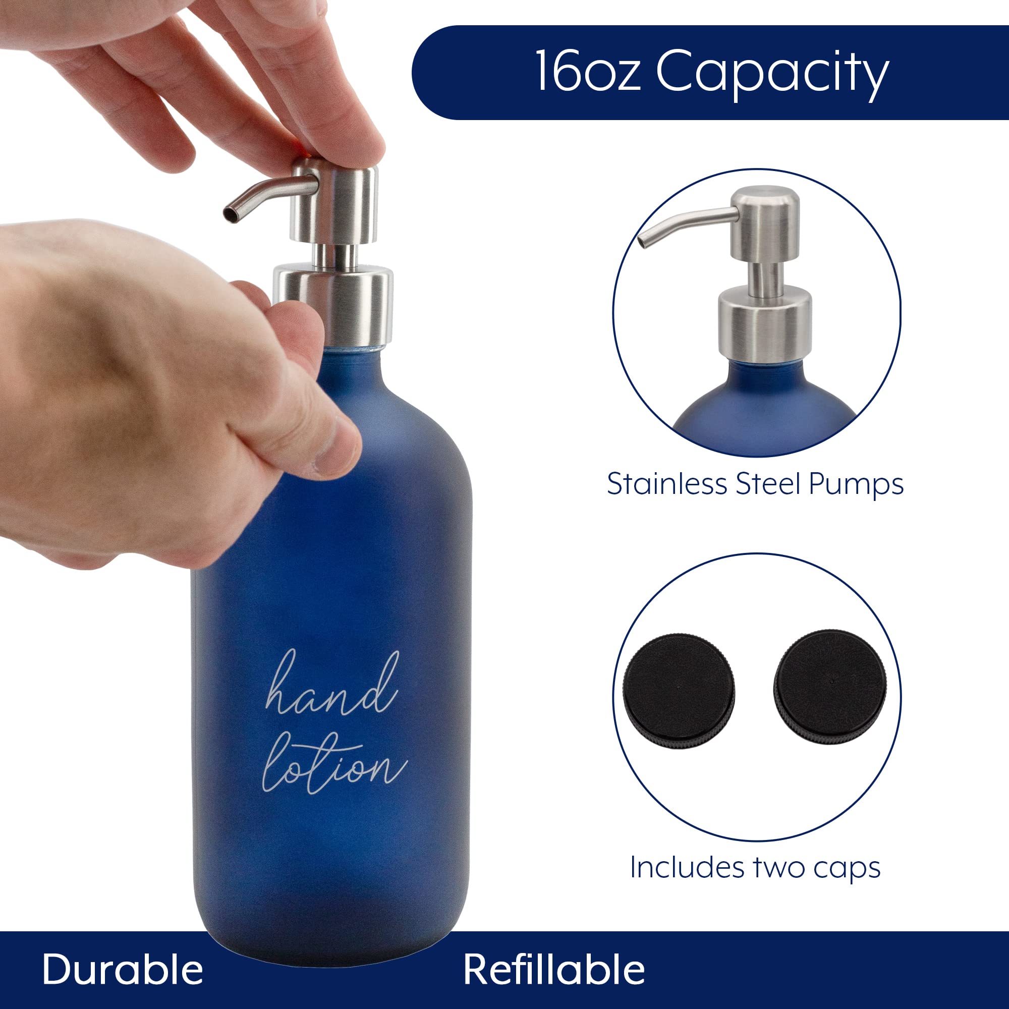 Darware Navy Lotion/Sanitizer Pump Bottles (Set of 2, Navy Blue); Glass Pump Dispenser Bottles for Hand Care, Pre-Labeled