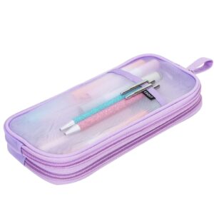 eoout grid mesh pencil case with zipper, transparent pencil pouch clear makeup bag multi-purpose organizer box for school college travel (purple)