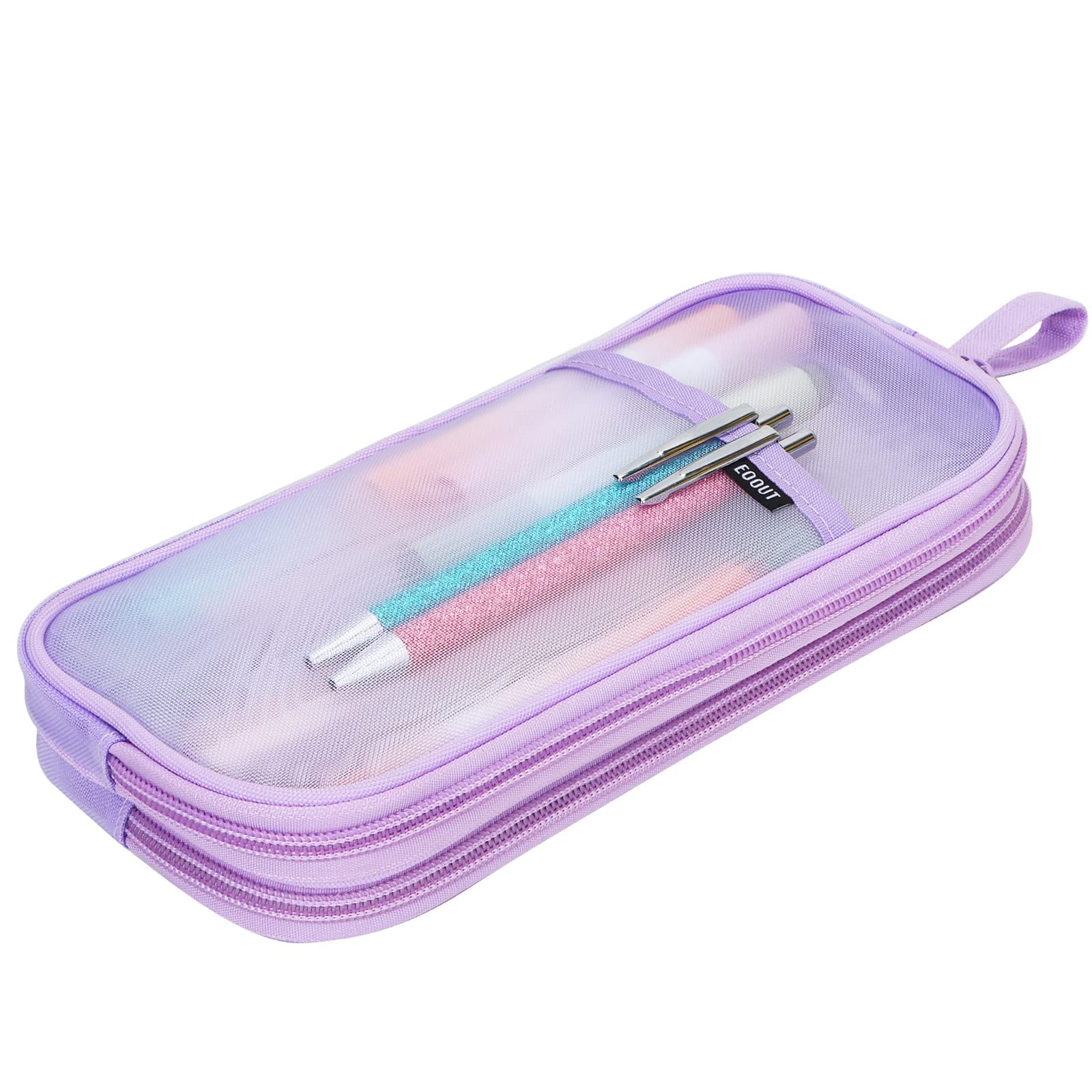 EOOUT Grid Mesh Pencil Case with Zipper, Transparent Pencil Pouch Clear Makeup Bag Multi-Purpose Organizer Box for School College Travel (Purple)