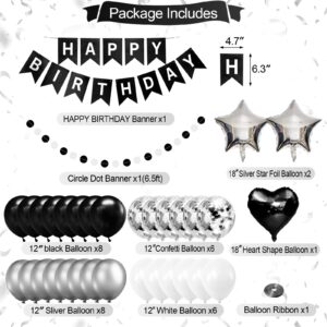 Black and White Birthday Party Decorations,Happy Birthday Decorations for Men Women Boys Girls Including Happy Birthday Banner,Fringe Curtains,Pompom Flower,Black and silver party decorations