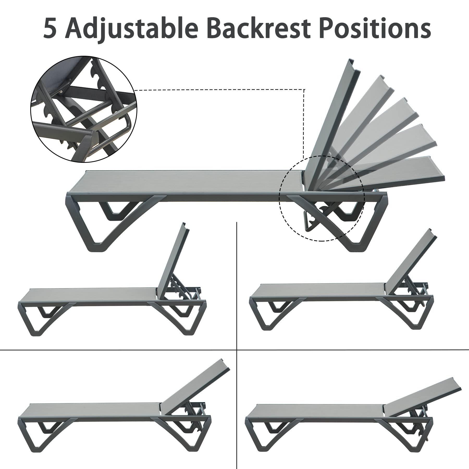 Domi Patio Chaise Lounge Chair Set of 3,Outdoor Aluminum Polypropylene Sunbathing Chair with 5 Adjustable Position,Side Table for Beach,Yard,Balcony,Poolside(2 Grey Chairs W/Table)