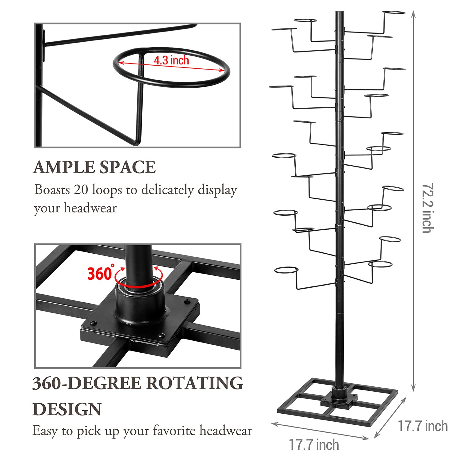 MyGift 6 Foot Modern Freestanding Black Metal Hat Organizer Rack, 360 Degree Rotating Wig or Cowboy Hat Display Stand with 20 Customizable Circular Hooks