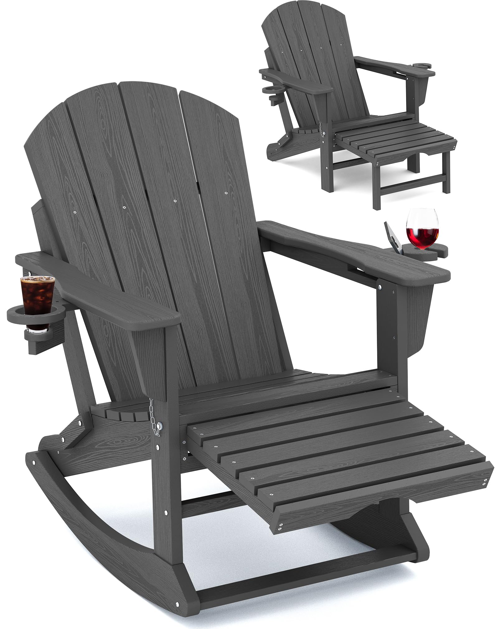 KINGYES Folding Adirondack Rocking Chair with Retractable Ottoman and Cup Holders, 4-in-1 Multifunctional HDPE Adirondack Chair for Porch, Patio, Balcony, Leaden Grey