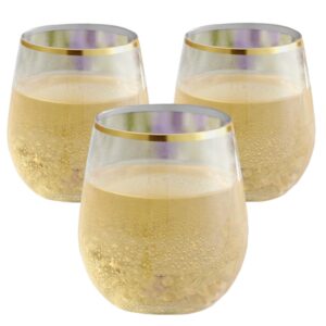 24 piece stemless disposable unbreakable crystal clear plastic wine glasses set of 24 (10 ounces - gold rim)