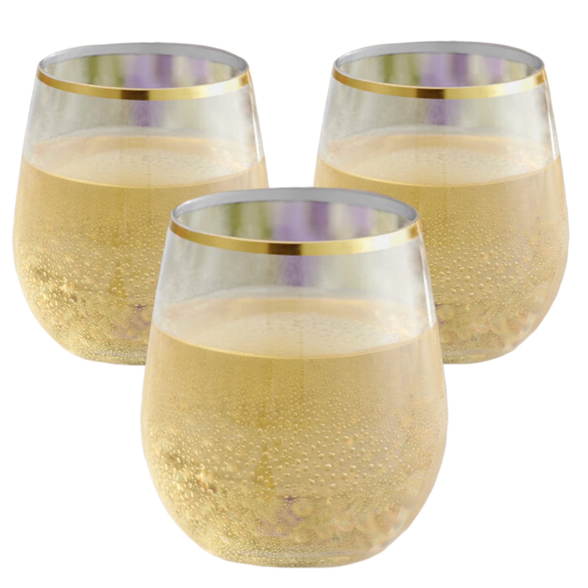 24 piece Stemless Disposable Unbreakable Crystal Clear Plastic Wine Glasses Set of 24 (10 Ounces - Gold Rim)