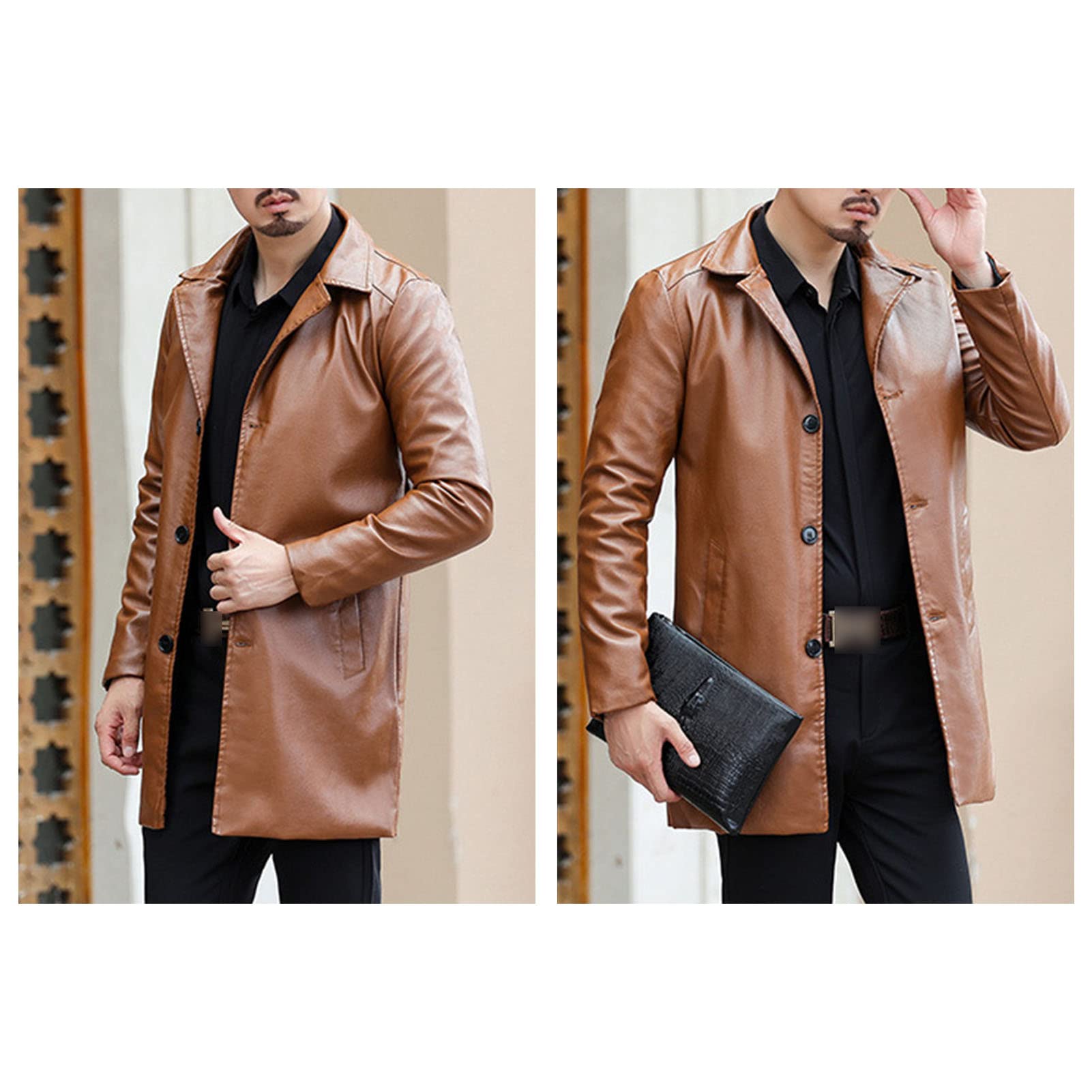 Maiyifu-GJ Men's Vintage Faux Leather Long Coat Retro Notch Lapel PU Trench Coat Casual Fleece Gothic Jacket Overcoat (Khaki,7X-Large)