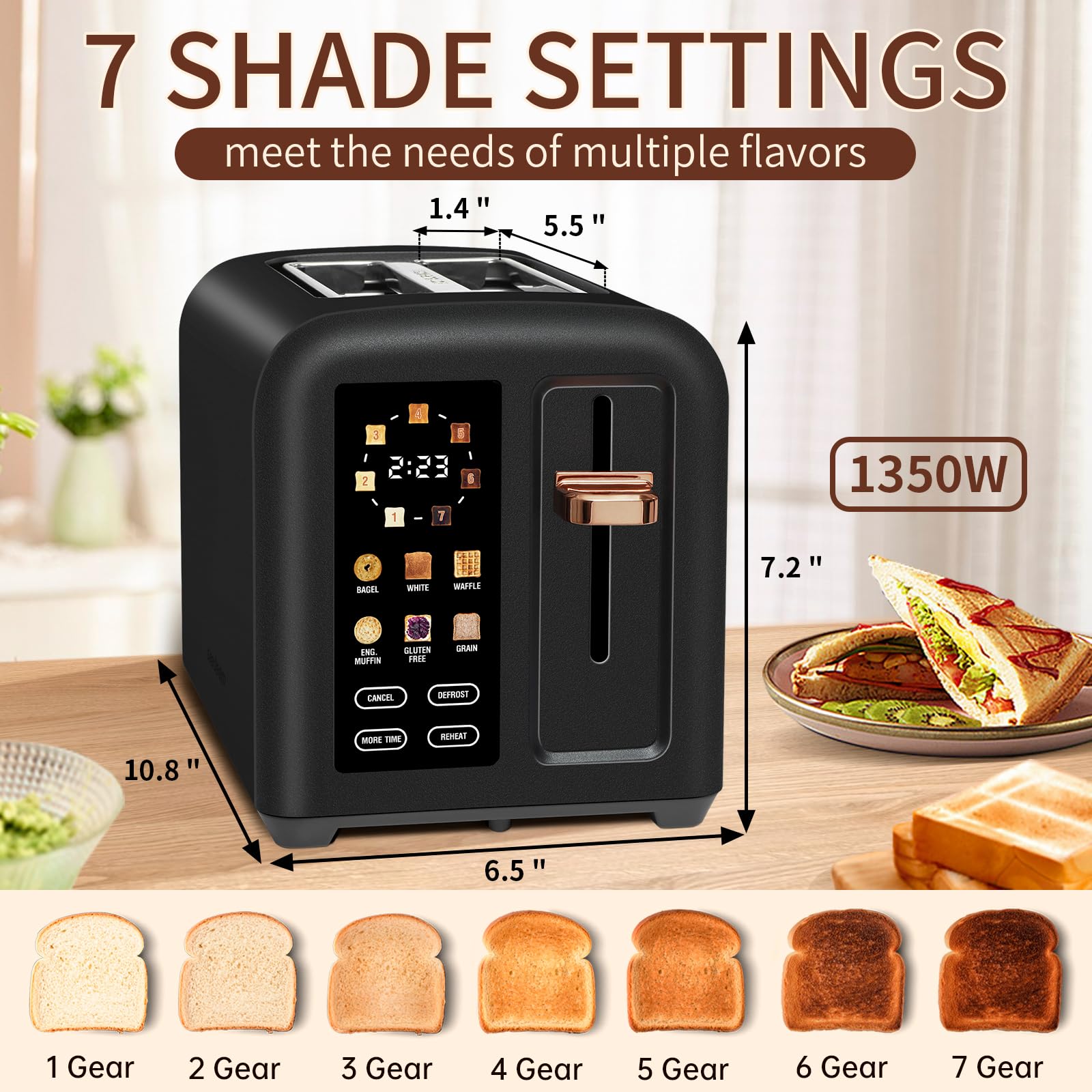 SEEDEEM Toaster 2 Slice, Touch Control Stainless Toaster LCD Display, 50% Faster Heating Speed, 1.4'' Wide Slots, More Timer Functions, Removable Crumb Tray, 1350W, Dark Chocolate