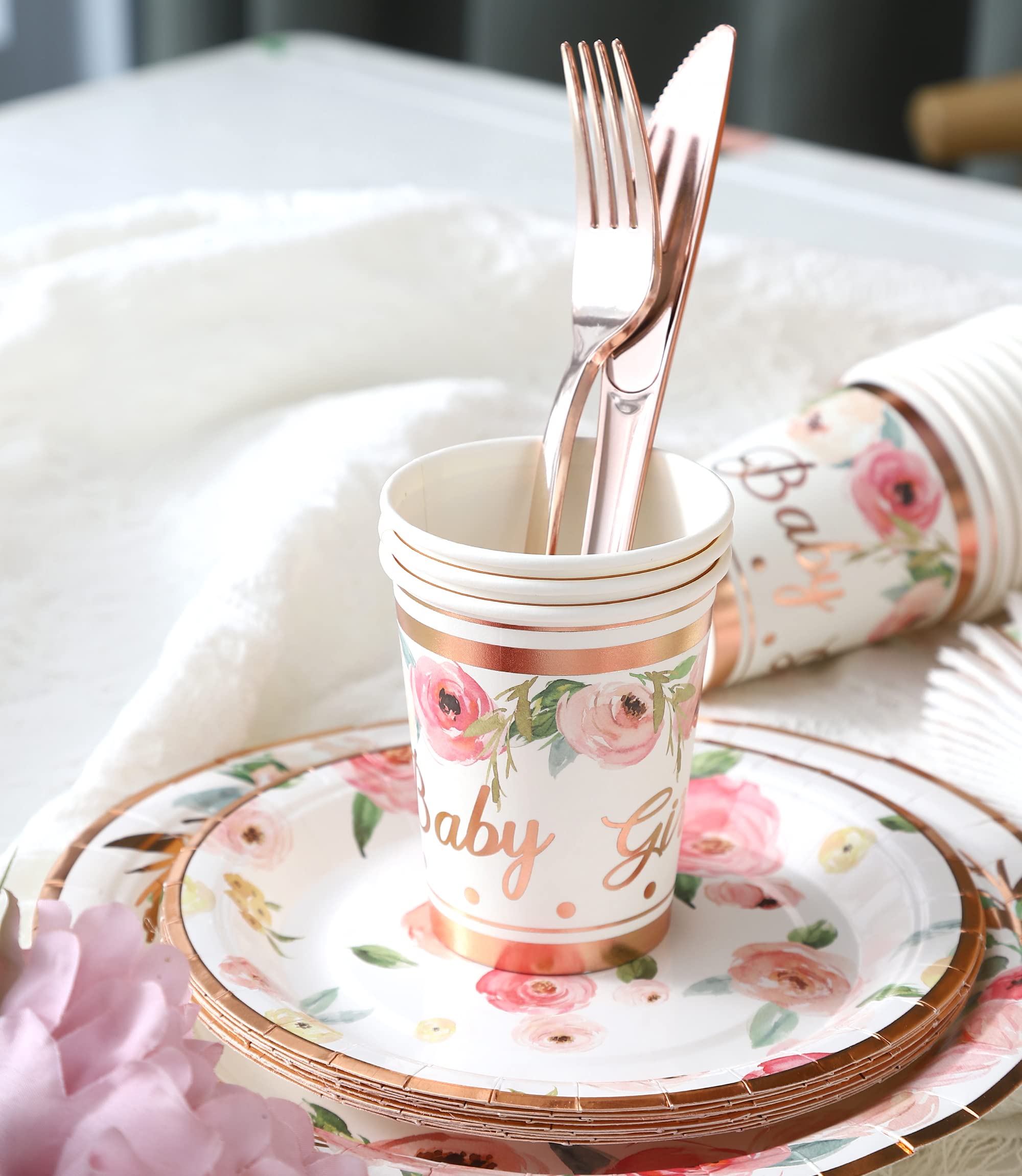 Rose Gold Baby Shower Plates and Napkins Girl - Serves 16 - Includes Baby Girl Plates Cups Napkins Knifes Forks Floral Baby Shower Decorations for Girl Baby Shower Favor Decor Party Supplies