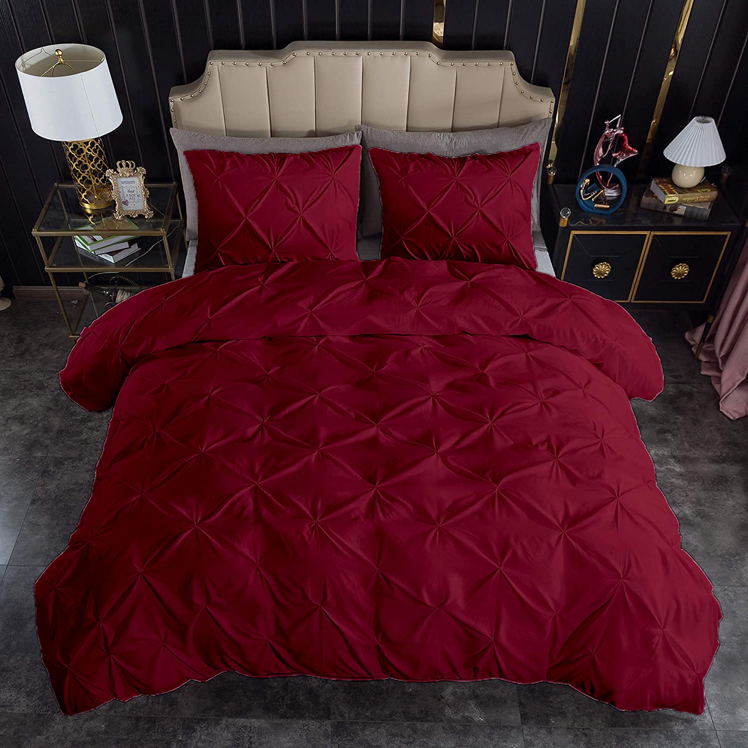 Super King Duvet Cover Sets 3Pcs Cotton All Season Burgundy Pinch Pleated Zipper Closure Duvet Cover Super King 120x120