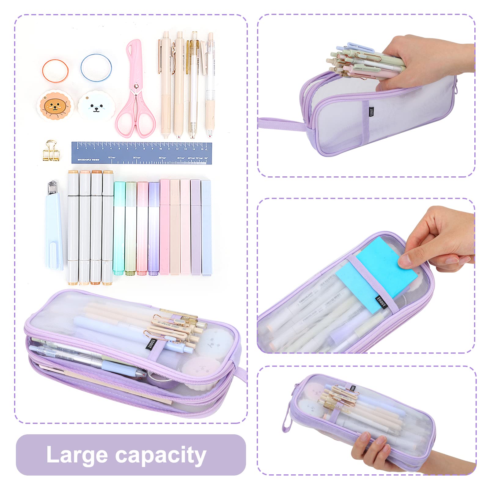 EOOUT Grid Mesh Pencil Case with Zipper, Transparent Pencil Pouch Clear Makeup Bag Multi-Purpose Organizer Box for School College Travel (Purple)