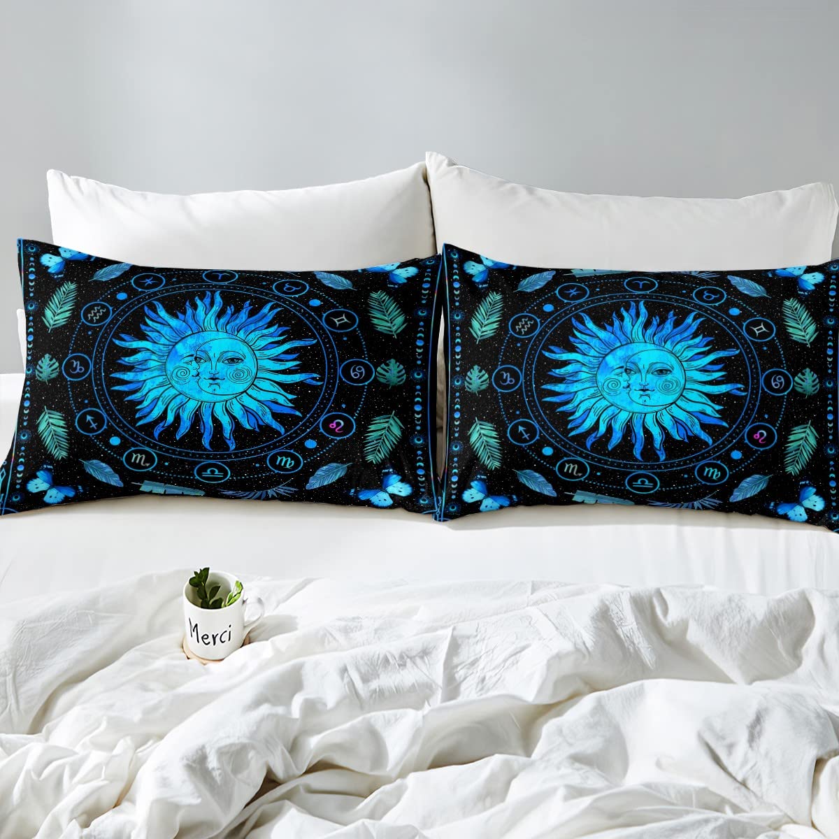 Sun and Moon Comforter Cover Constellations Astrology Bed Sets Moon Phase Duvet Cover King Green Botanical Leaves Bedding Exotic Feather Bedspread Cover with Zipper Closure Black Blue 3 Pieces Cozy