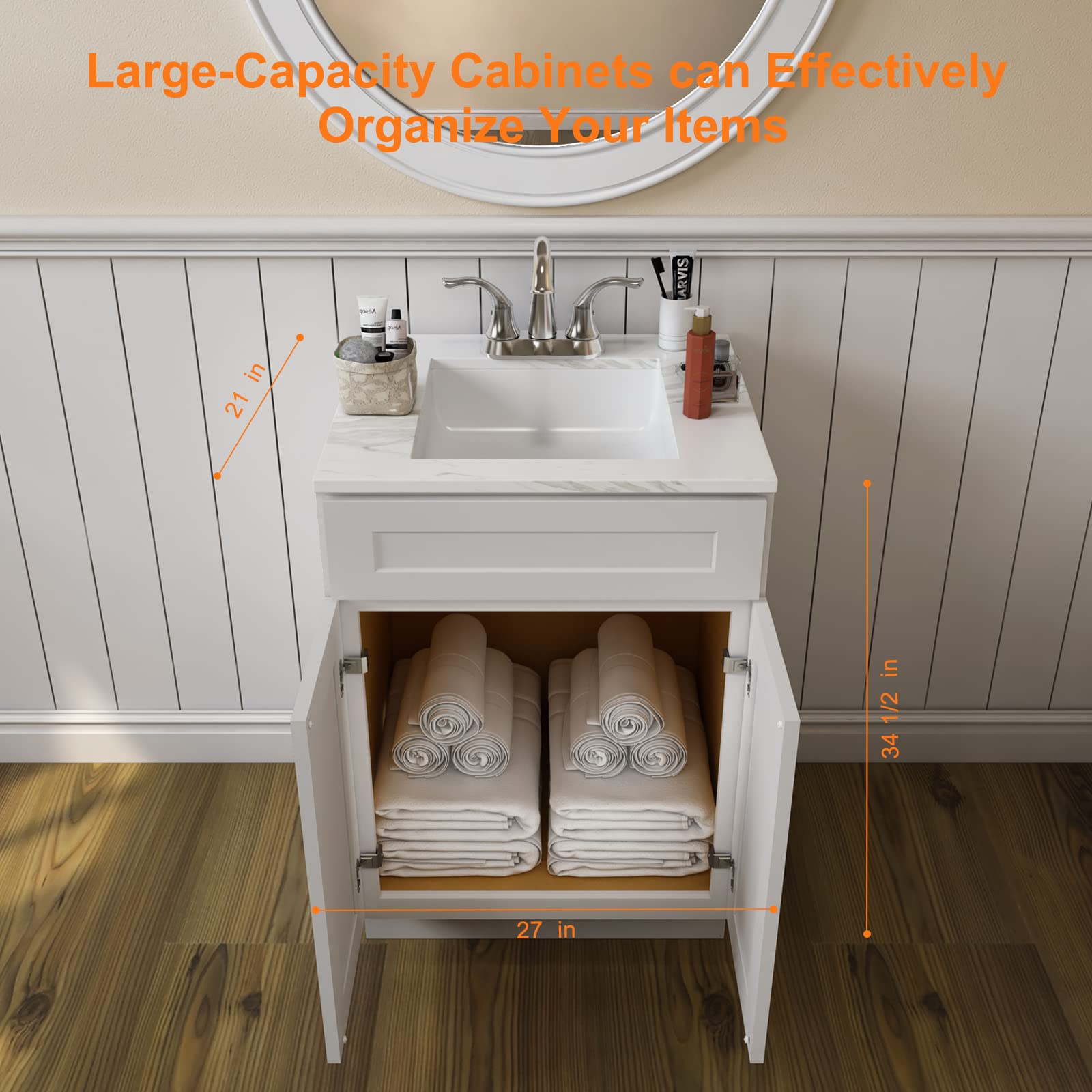 LOVMOR 27" Bathroom Vanity, Kitchen Base Cabinet, Single Sink Storage Unit, Pedestal Sink Storage Cabinet, Large Capacity for Laundry Room, Kitchen, Shower Room & Utility Room