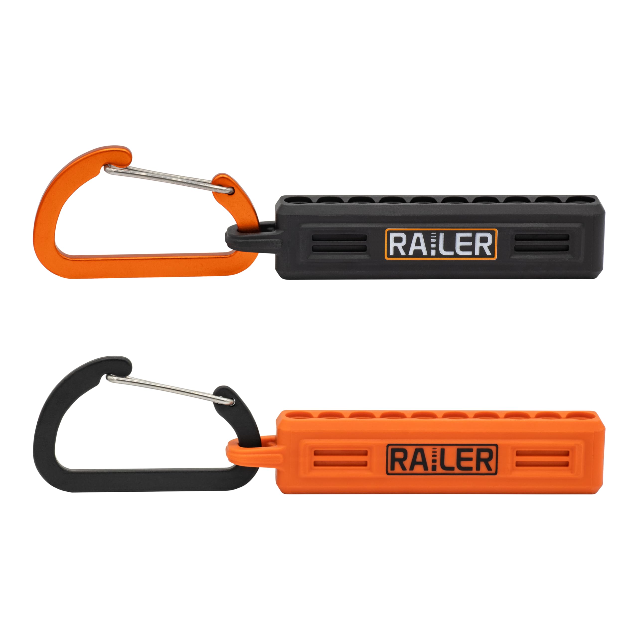 Screwdriver Bit Holder Storage Organizer – Railer 10-Hole Black and Orange Bit Holder with Carabiner - 2 Pack