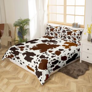 Erosebridal Brown Cowhide Comforter Cover Western Animals Duvet Cover,Black White Longhorn Highland Cow Skin Bedding Set Animal Hide Fur Hair Spot King Bed Set,Cowboy Farmhouse Room Decor