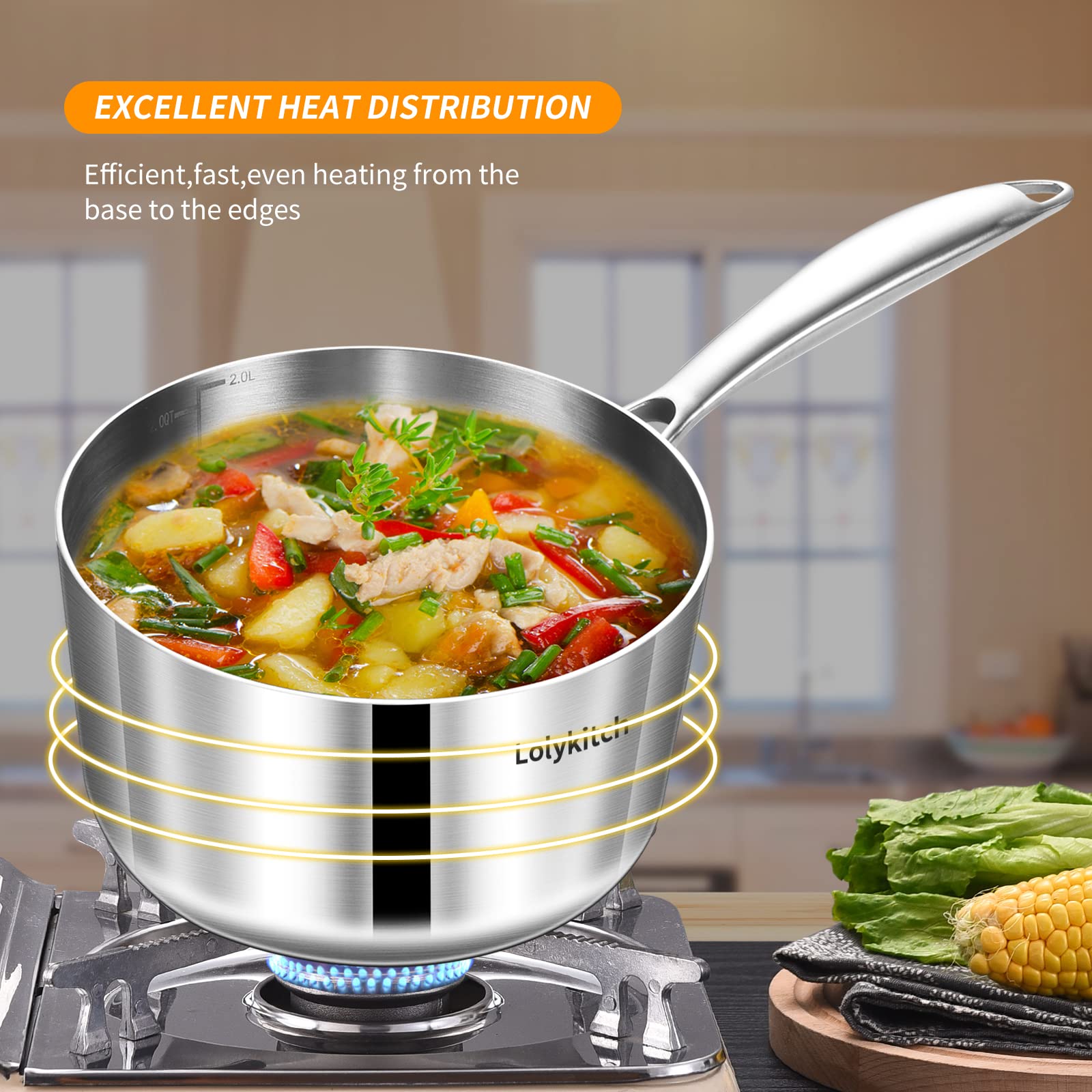 LOLYKITCH 1.5-2.5-3.0 QT, Tri-Ply Stainless Steel Saucepan Set of 3,Induction Cooking Pots,Sauce Pots with Lids,Pots and Pans Set,Detachable Handle and Dishwasher Safe.