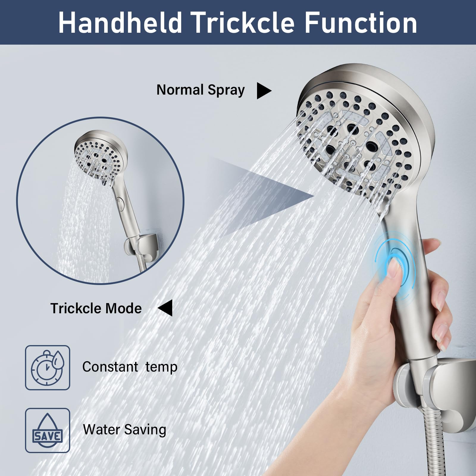 Shower Head With Handheld Combo, 7 Inch High Pressure Rainfall Showerhead With Hand Held 60 Inch Hose for Bath - One Click for High Pressure/Trickle Mode handheld Anti-leak Nozzles - Universal Fit