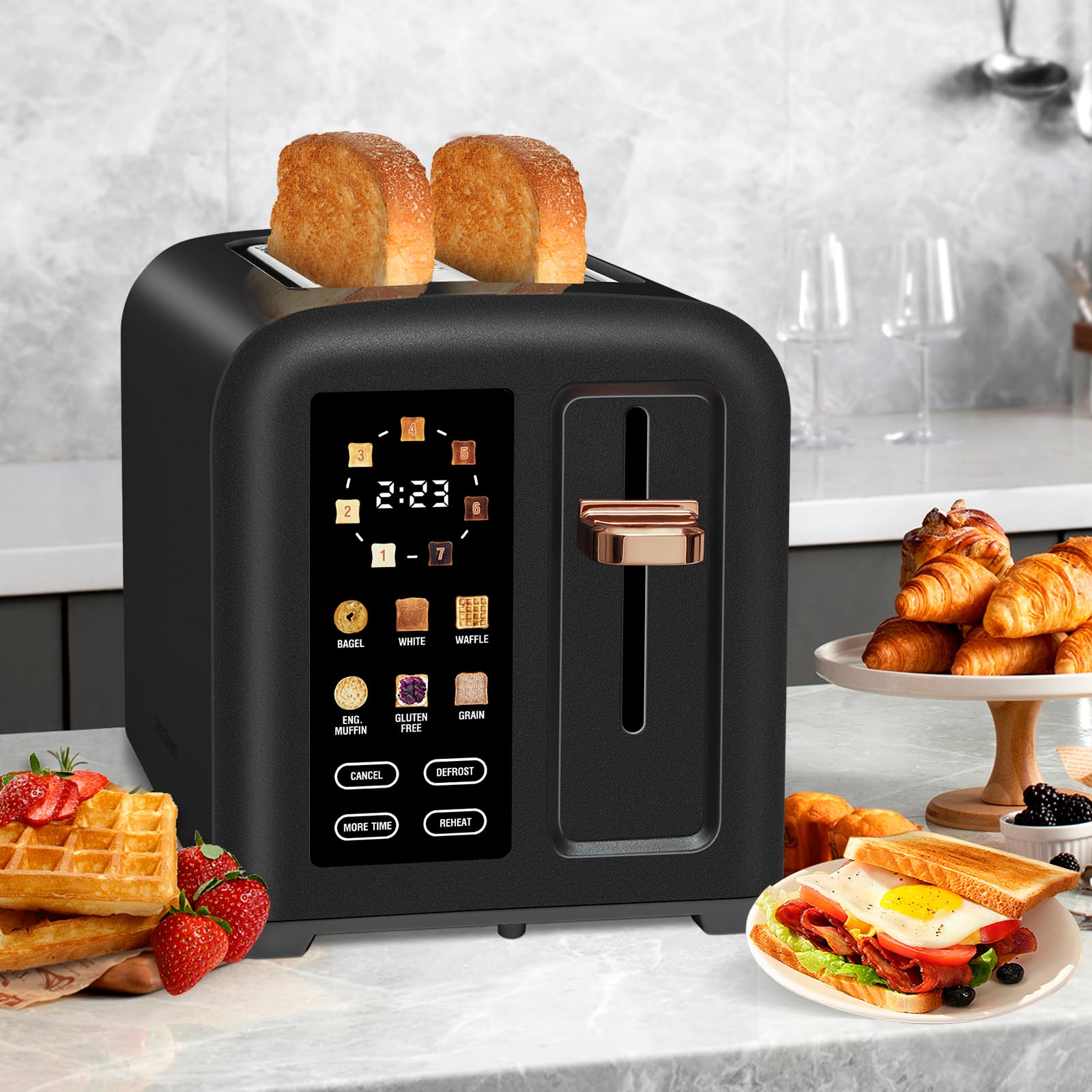 SEEDEEM Toaster 2 Slice, Touch Control Stainless Toaster LCD Display, 50% Faster Heating Speed, 1.4'' Wide Slots, More Timer Functions, Removable Crumb Tray, 1350W, Dark Chocolate