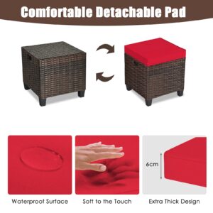 RELAX4LIFE 2-Piece Patio Ottoman Set - Wicker Footstools, All Weather PE Rattan Ottoman with Removable Cushions, Square Footrest Seat, Outdoor Stools for Garden, Porch, Pouf Ottoman (Red)