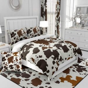 Erosebridal Brown Cowhide Comforter Cover Western Animals Duvet Cover,Black White Longhorn Highland Cow Skin Bedding Set Animal Hide Fur Hair Spot King Bed Set,Cowboy Farmhouse Room Decor