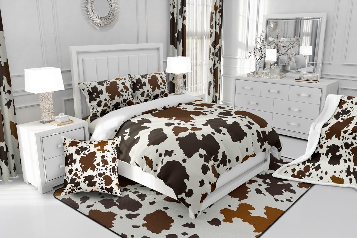 Erosebridal Brown Cowhide Comforter Cover Western Animals Duvet Cover,Black White Longhorn Highland Cow Skin Bedding Set Animal Hide Fur Hair Spot King Bed Set,Cowboy Farmhouse Room Decor