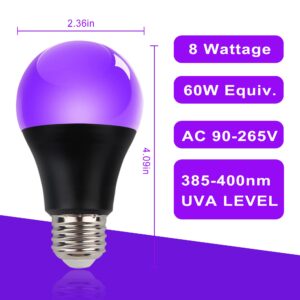 LED Black Light Bulbs - 8W(60Watt Equivalent), Black Light Bulbs with E26 Base, UVA Level 395-400nm, Glow in The Dark for Blacklights Party, Body Paint, Halloween, Neon Glow, 2 Pack