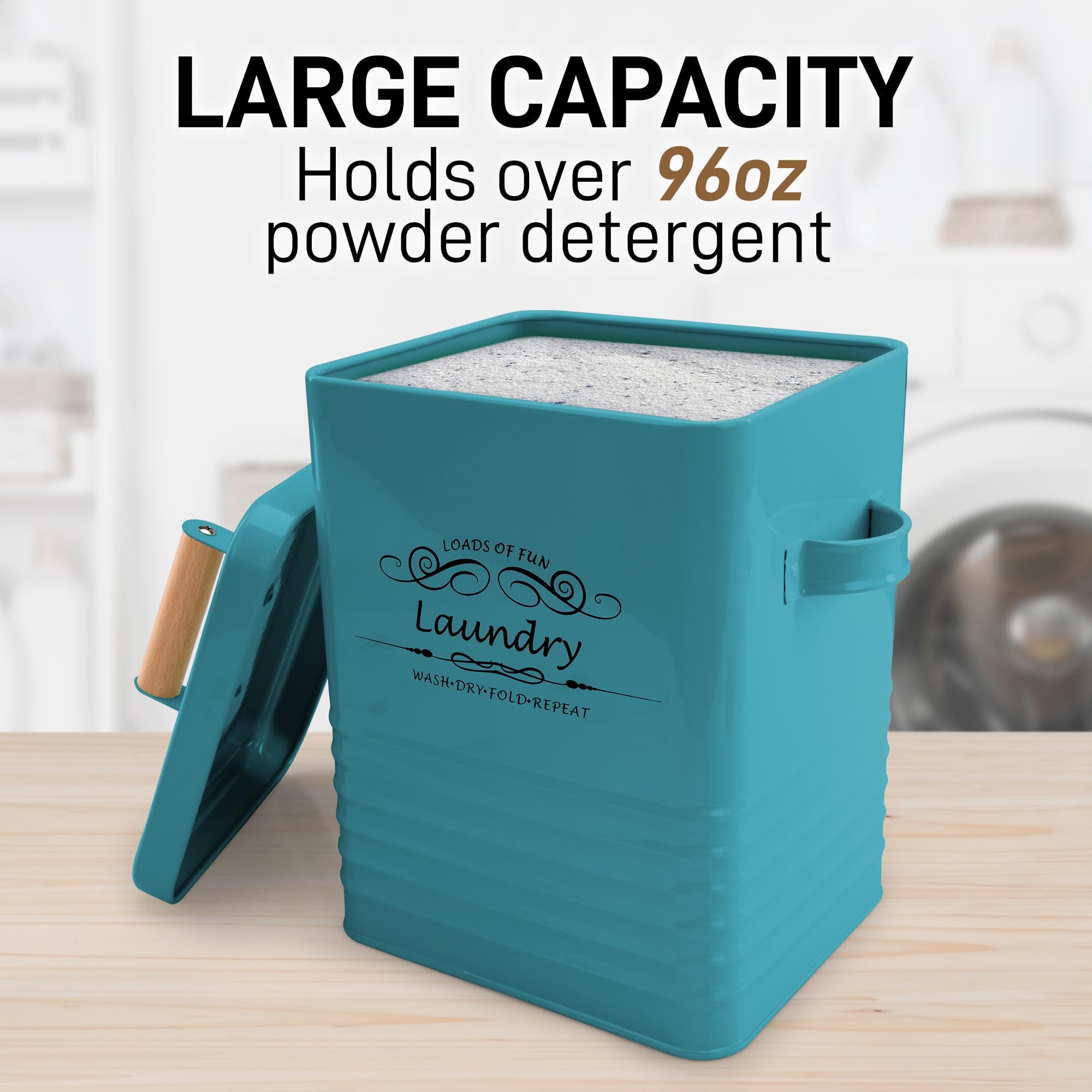 ELITAPRO Laundry Detergent Storage Container with Scoop & Lid- Modern Farmhouse Metal Laundry Powder Dispenser for Laundry Room Decor and Accessories - Laundry Room Organization & Storage (Teal)