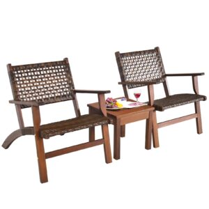 relax4life 3-pieces porch bistro set - outdoor eucalyptus wood patio furniture set with coffee table, outside rattan chairs for poolside, balcony, garden, deck, hand-woven pe wicker conversation set