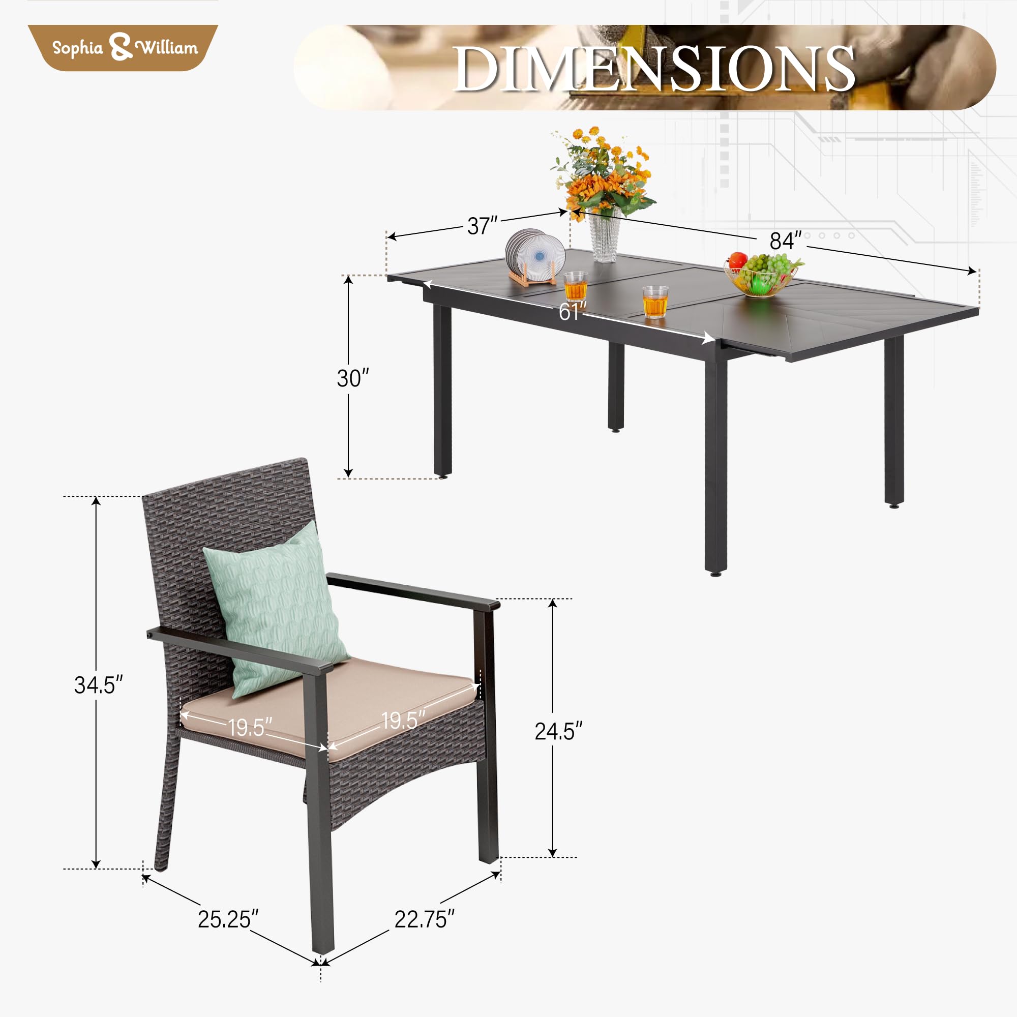 Sophia & William 9 Pieces Expandable Patio Dining Set for 8, Metal Patio Table and Rattan Wicker Chairs Set, All Weather Rectangular Outdoor Dining Table and Chairs for Backyard Garden Porch Deck