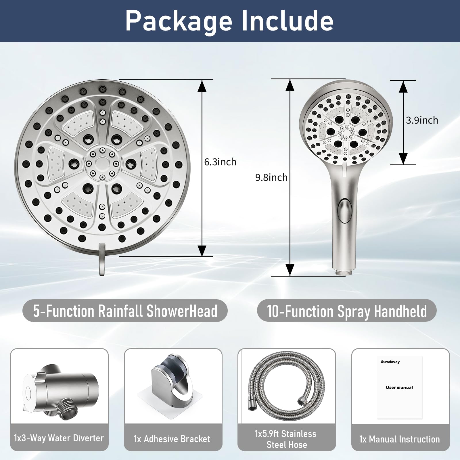 Shower Head With Handheld Combo, 7 Inch High Pressure Rainfall Showerhead With Hand Held 60 Inch Hose for Bath - One Click for High Pressure/Trickle Mode handheld Anti-leak Nozzles - Universal Fit