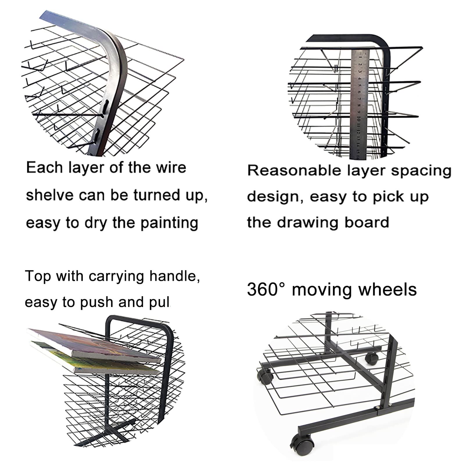 Mobile Wire Drying Rack Art Work and Paint Double Sided 25 Layers Drying Rack with 50 Shelves for Classrooms, Art Studio, 17.7 x 26 x 32.3 inches, Black