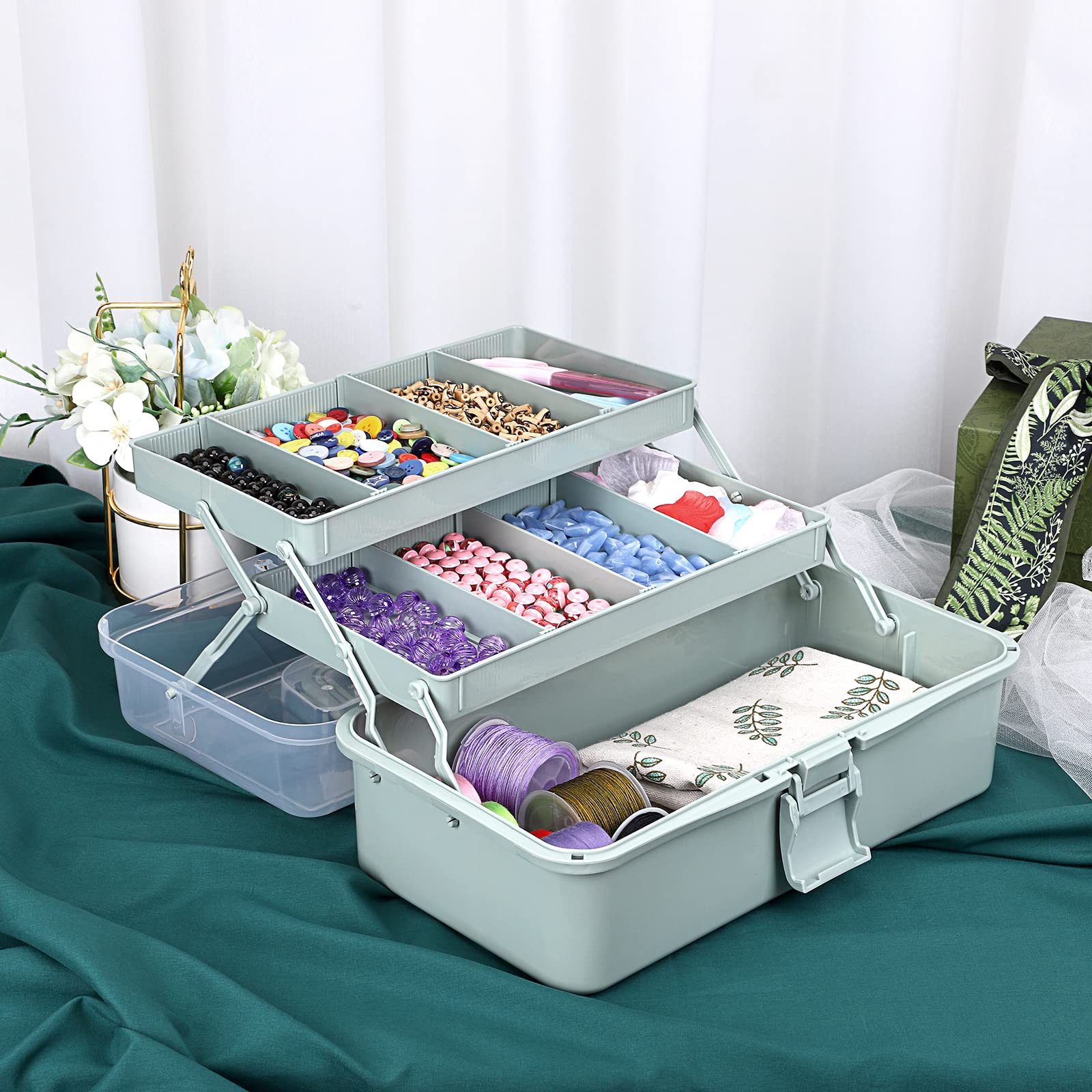 BTSKY 3-Layer Plastic Dividing Storage Box Craft Organizer and Storage with Adjustable Spacers Portable Handled Art Supply Organizer Multipurpose Home Utility Box for Medicine Box Sewing Box Organizer