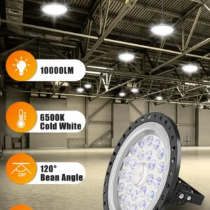 LED High Bay Light, 100W 10000LM Super Bright UFO High Bay LED Lights, 6500K LED Shop Lights, IP54 Warehouse Lights Area Light Fixture Commercial Bay Lighting Bay Lights for Garage Barn Workshop-10