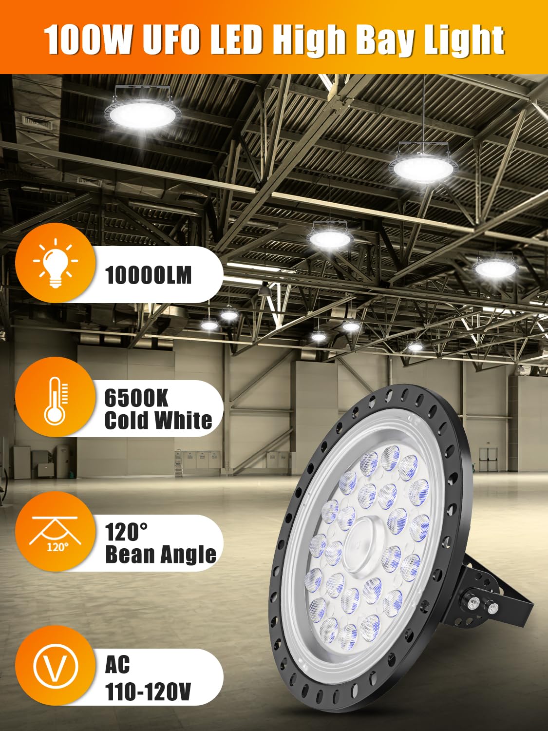 LED High Bay Light, 100W 10000LM Super Bright UFO High Bay LED Lights, 6500K LED Shop Lights, IP54 Warehouse Lights Area Light Fixture Commercial Bay Lighting Bay Lights for Garage Barn Workshop-10