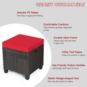 RELAX4LIFE 2-Piece Patio Ottoman Set - Wicker Footstools, All Weather PE Rattan Ottoman with Removable Cushions, Square Footrest Seat, Outdoor Stools for Garden, Porch, Pouf Ottoman (Red)