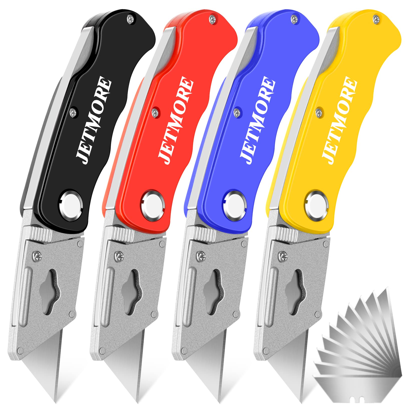 JETMORE 4 Pack Folding Utility Knife with Extra 10Pcs Blades, Box Cutters for Home, Office, Warehouse, Durable Razor Knife, Box Knife, Box Opener, Small Box Cutter with Clip, Navajas de Trabajo