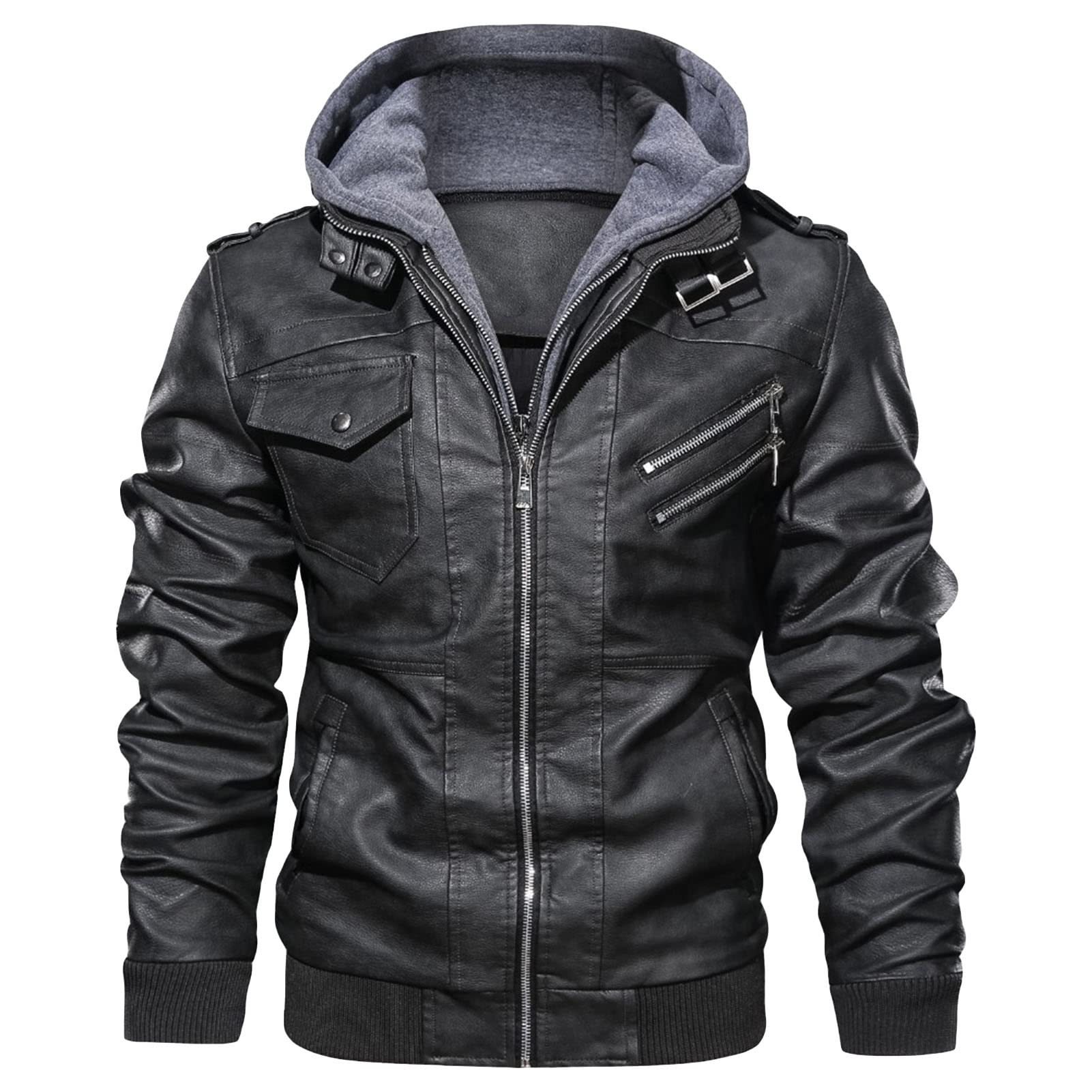 Maiyifu-GJ Casual Motorcycle Jacket for Men Faux Leather Windproof Moto Coat Vintage Bomber Hoodie with Removable Hood (Black,3X-Large)