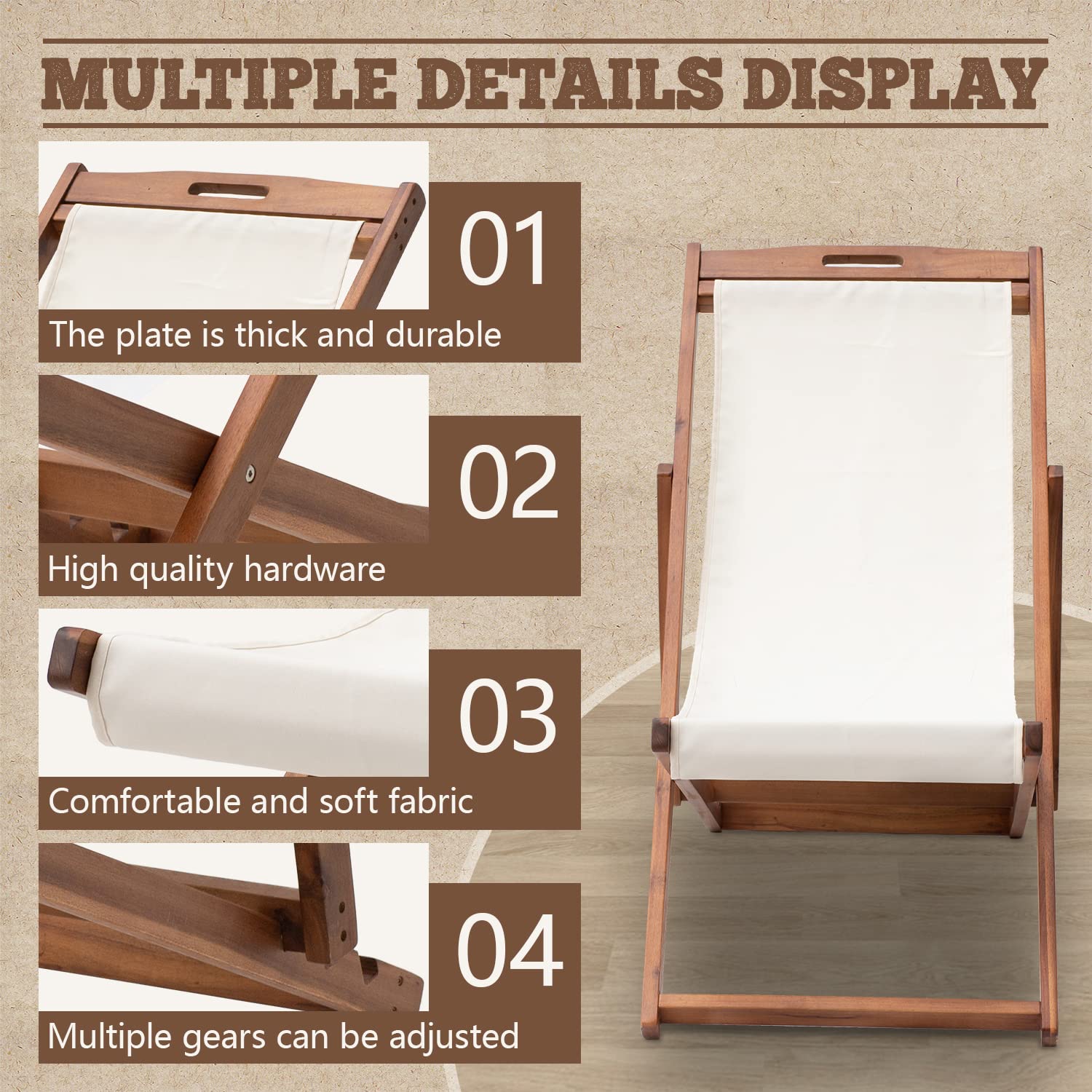 2 Set Outdoor Wooden Patio Lounge Chair Beach Sling Chair Set Height Portable Reclining Beach Chair Solid Wood Frame with White Polyester Canvas 3 Level,Blue