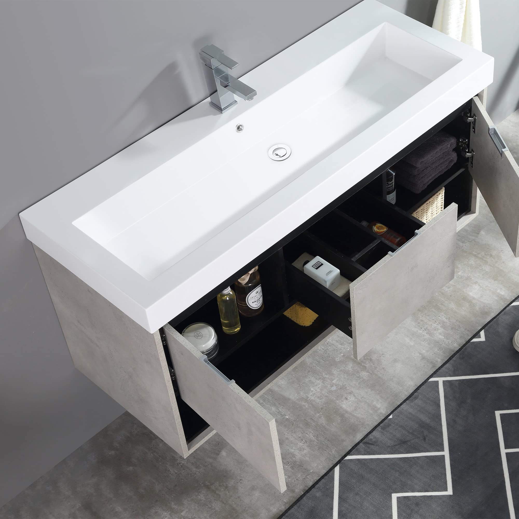 Dowell Long Topmount Single Bathroom Vanity Basin - White Resin, 48 x 18