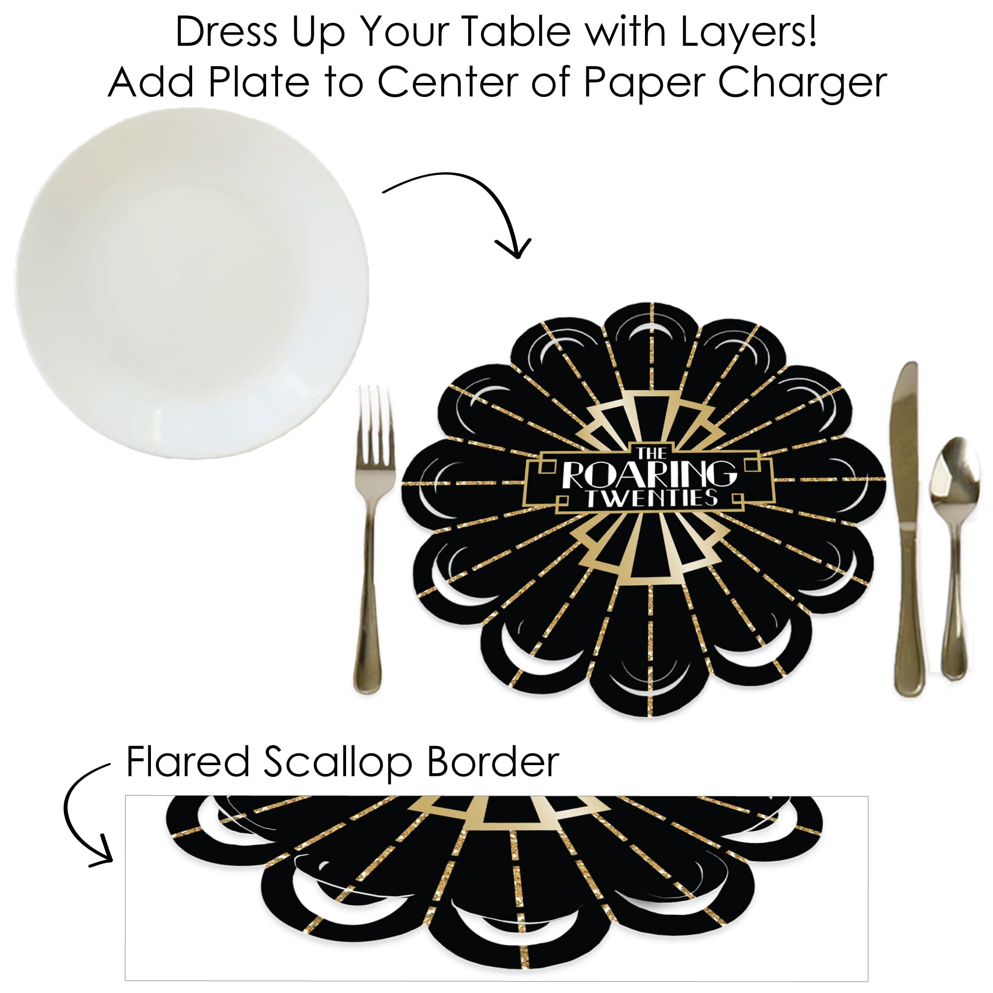 Big Dot of Happiness Roaring 20’s - 1920s Art Deco Jazz Party Round Table Decorations - Paper Chargers - Place Setting for 12