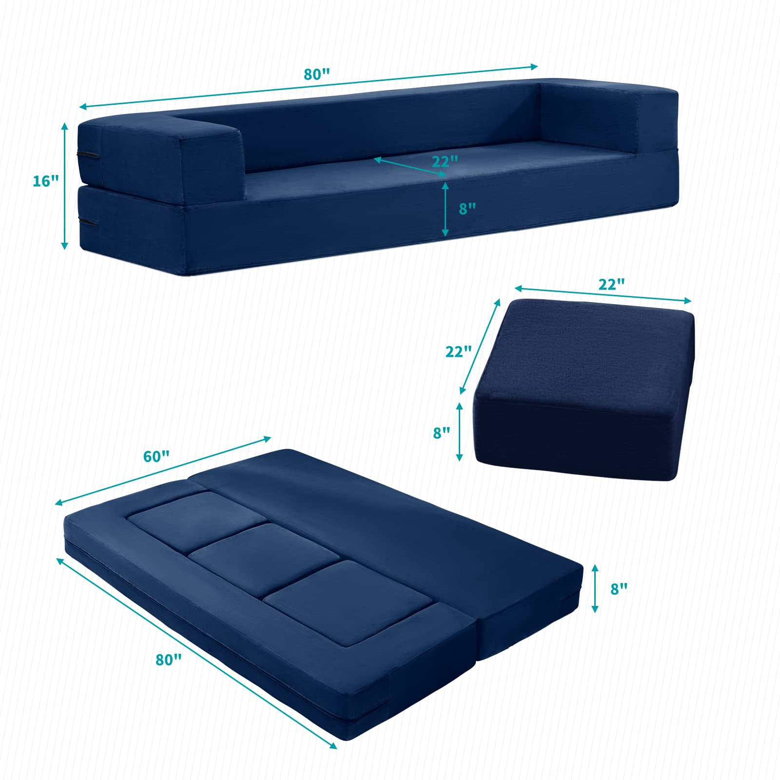 BALUS Folding Bed Couch, Sleeper Foam Sofa Bed, Cushioned Foam Mattress Comfortable Sofa, Floor Couch Sleeper Sofa Foam with 3 Ottomans for Living Room/Bedroom/Guest Room/Home Office (Blue)