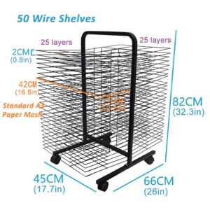 Mobile Wire Drying Rack Art Work and Paint Double Sided 25 Layers Drying Rack with 50 Shelves for Classrooms, Art Studio, 17.7 x 26 x 32.3 inches, Black