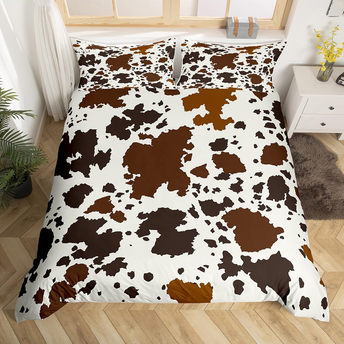 Erosebridal Brown Cowhide Comforter Cover Western Animals Duvet Cover,Black White Longhorn Highland Cow Skin Bedding Set Animal Hide Fur Hair Spot King Bed Set,Cowboy Farmhouse Room Decor