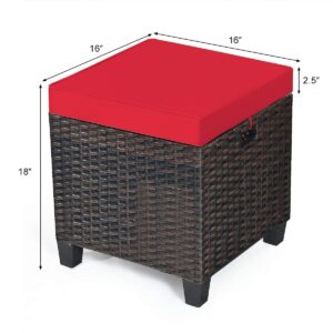 RELAX4LIFE 2-Piece Patio Ottoman Set - Wicker Footstools, All Weather PE Rattan Ottoman with Removable Cushions, Square Footrest Seat, Outdoor Stools for Garden, Porch, Pouf Ottoman (Red)