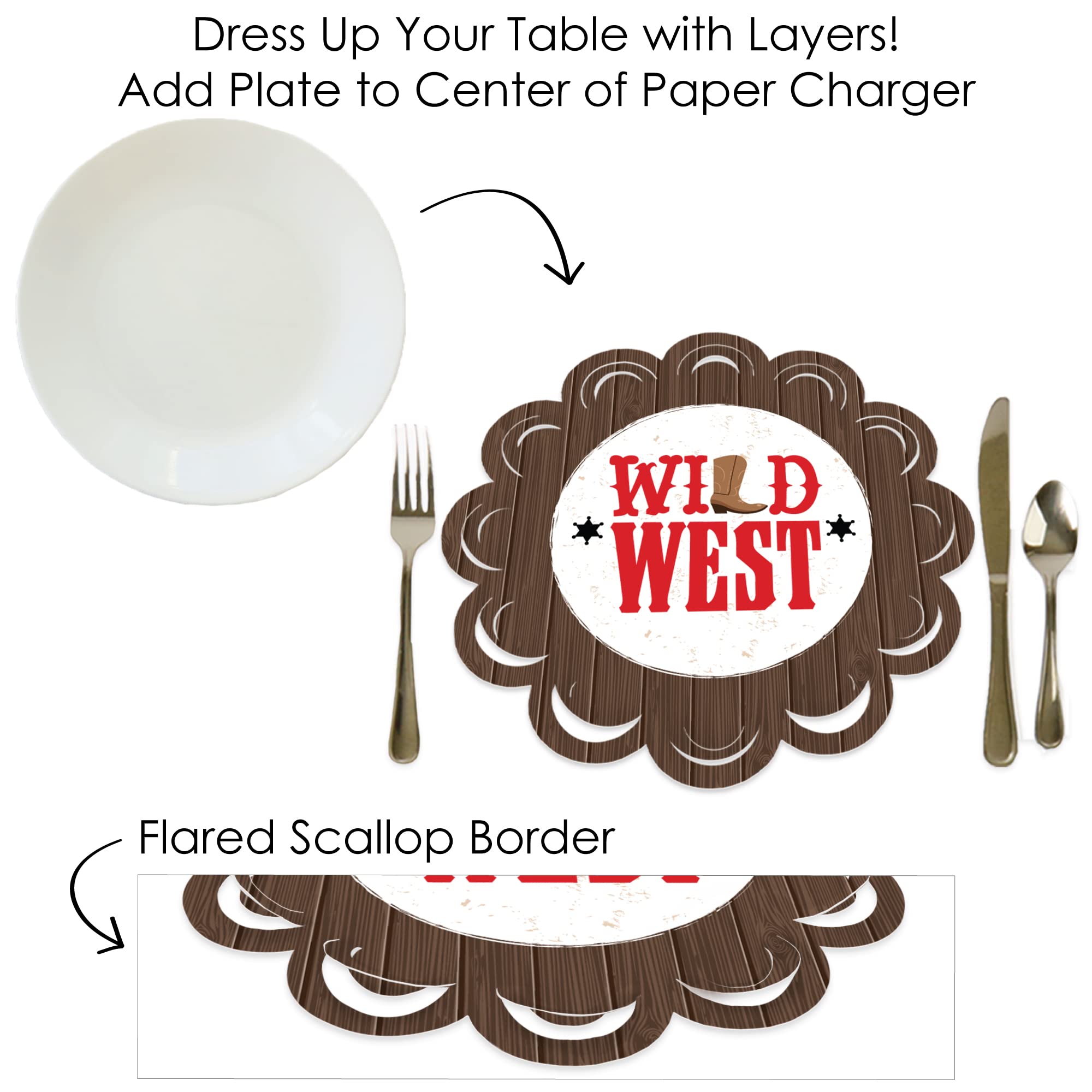 Big Dot of Happiness Western Hoedown - Wild West Cowboy Party Round Table Decorations - Paper Chargers - Place Setting for 12