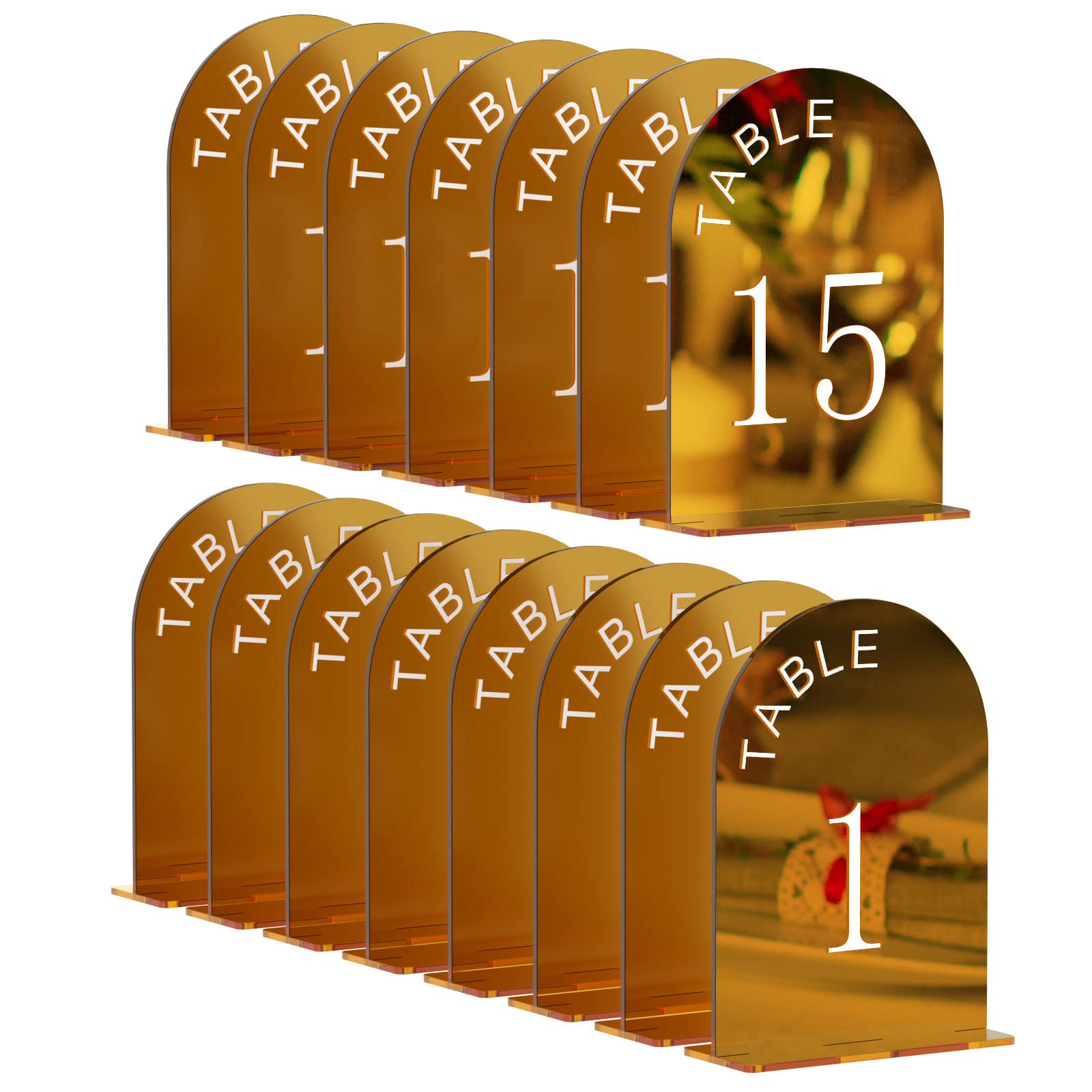 Nuggicet 15pcs Gold Mirror Table Numbers, 5"x7"Arch Wedding Table Numbers Stand for Any Party Occasion,Party Decoration,Modern Acrylic Table Sign Holder（Number1-15）